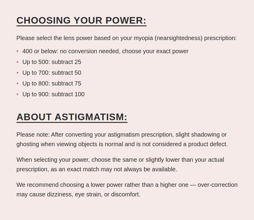 Prescription power selection guide and astigmatism notes for colored contact lenses